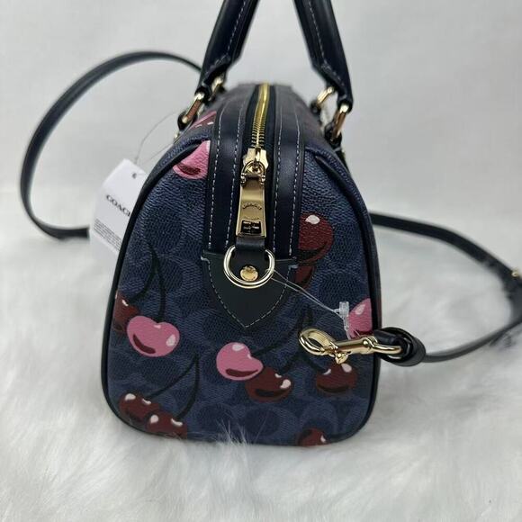 Coach Rowan Satchel Bag Crossbody Signature Canvas Cherry Print Denim CY692 NWT - Picture 3 of 13